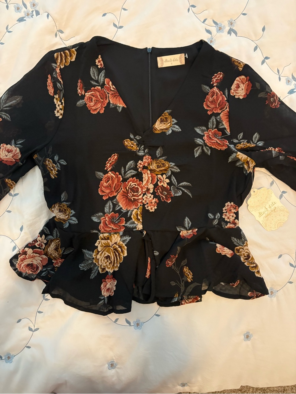 Altar'd State Black Floral V-Neck Peplum Blouse